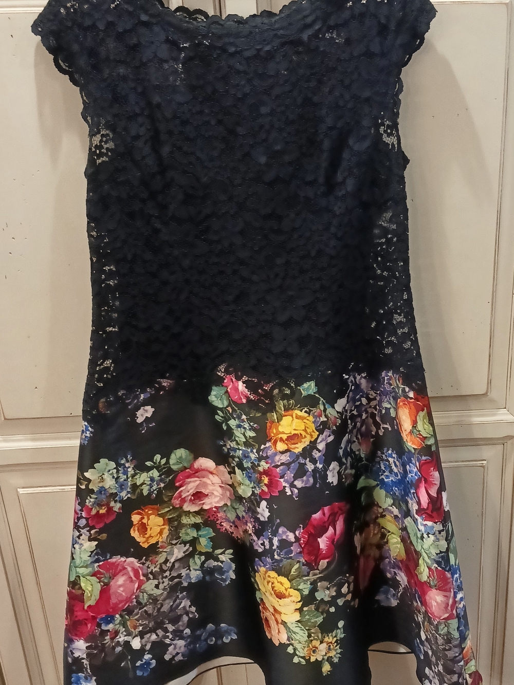 Teri Jon Navy Lace Top Floral Hem Party Dress